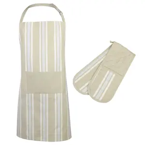 Vintage Style Blue Stripe Adult Cooking Kitchen Apron with Oven Glove Set