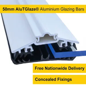 White Rafter Supported 50mm Wide AluTGlaze Aluminium Glazing Bar With Concealed Fixings For Polycarbonate Sheets and Glass - 3m