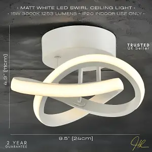 Modern LED White Ceiling Light with Swirl Thick Metal Strip Creates 1253 Lumens