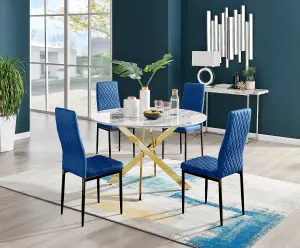 Furniturebox UK Novara White Marble Gold Leg 120cm Round Dining Table & 4 Navy Velvet Milan Black Leg Chairs