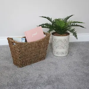 Seagrass Magazine Newspaper Holder Storage Basket Woven Rack With Handles 41cm