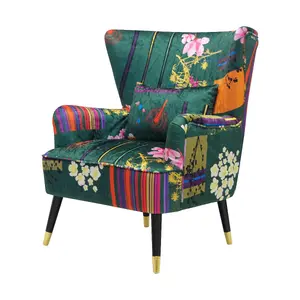 Fabric Green Patchwork Victoria Accent Wingback Chair