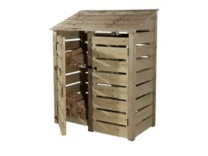 Slatted wooden log store with door and kindling shelf W-146cm, H-180cm, D-88cm - natural (light green) finish