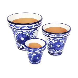 Blue Floral Hand Painted Set of 3 Outdoor Garden Classic Plant Pots (D) 16-29cm