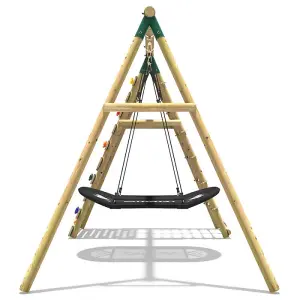 Rebo Wooden Swing Set with Up and Over Climbing Wall - Eden Green