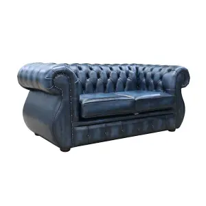 Chesterfield Original 2 Seater Sofa Antique Blue Real Leather In Kimberley Style