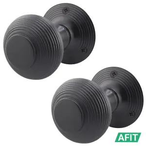 AFIT Beehive Reeded Black Key Lock Door Knob Set - 1 Pair Matt Black Mortice Knobs (55mm), Sash Lock (80mm) & Hinges (76mm)