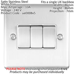 5 PACK 3 Gang Triple Metal Light Switch SATIN STEEL 2 Way 10A White Trim