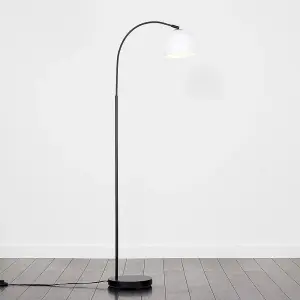 ValueLights Style Black Curved Stem Floor Lamp With Gloss White Arco Style Metal Dome Light Shade With LED GLS Bulb in Warm White