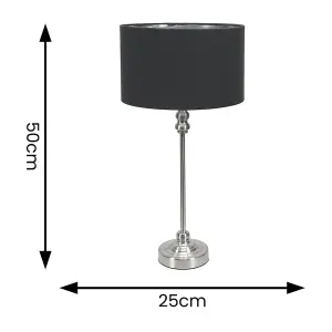 ValueLights Maggie Chrome Candlestick Table Lamp with Black and Chrome Inner Lamp Shade and LED Bulb