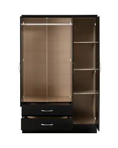 Nevada 3 Door 2 Drawer Mirrored Wardrobe in Black Gloss Finish