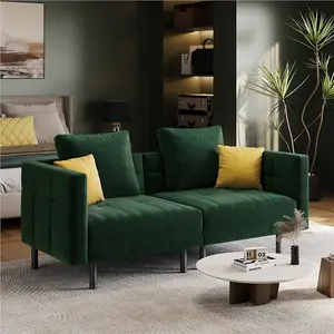 Yaheetech 2 Seater Velvet Convertible Sofa Bed with 4 Pillows - Green