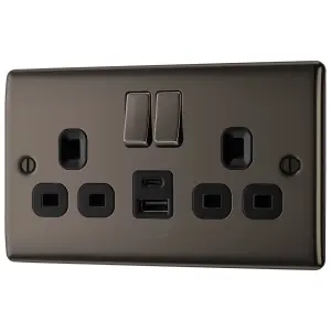 BG Black Nickel Double 13A 12W Raised slim Switched Screwed Socket with USB, x2 & Black inserts