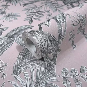 Paste the Wall Soft Pink and Silver Botanical Wallpaper