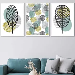 Set of 3 Mid Century Floral Pattern in Yellow and Blue Wall Art Prints / 50x70cm / White Frame