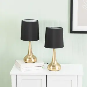 Pair - Brushed Gold Teardrop Touch Dimmer Table Lamps with Black Shade Bedside Light - LED Bulbs Included