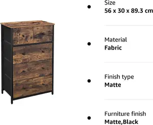 SONGMICS Chest of Drawers, Fabric 5-Drawer Storage Organiser Unit, Dresser, for Room, Hallway, Nursery, Rustic Brown & Black