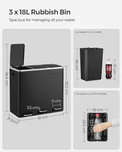 SONGMICS Kitchen Rubbish Bin, Waste Separation System, 3 Compartments, Waste Bin, Pedal Bin, Steel, Black