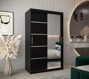 Verona 02 Contemporary 2 Mirrored Sliding Door Wardrobe 5 Shelves 2 Rails Black Matt (H)2000mm (W)1200mm (D)620mm