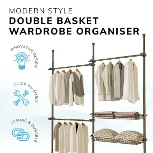 House of Home Telescopic Wardrobe Organiser Double Black Rail Clothes Rack Baskets Storage