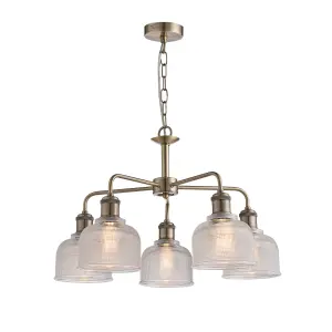 nielsen Shawford 5 Way Elegant Ceiling Light Chandelier, Antique Brass with Halophane Glass Shades, 56.5 Wide