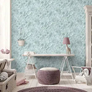 Muriva Blue Floral 3D effect Embossed Wallpaper