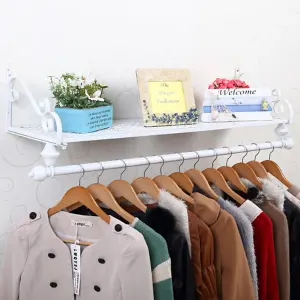 Wall Mounted Clothes Rail Garment Clothing Hanging Rack with Display Storage Shelf White 700 mm