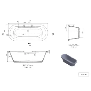 GoodHome Emba Matt Black Acrylic Freestanding Roll-top Double ended Bath (L)1700mm (W)800mm