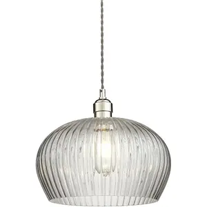 Hanging Ceiling Pendant Light - Bright Nickel Plate & Clear Ribbed Dome Glass - 10W LED E27