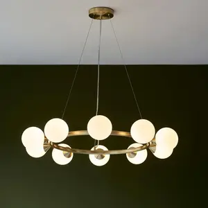 Luminosa Grosseto Globe Pendant Ceiling Light Satin Brass Plate, Gloss White Glass