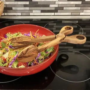 Olive Wood Salad Serving Tongs Natural Grained Rustic Kitchen Dining Server 27cm