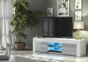 Loom TV Unit 130cm White & Grey with High Gloss Doors and LED Lighting - Creative Furniture