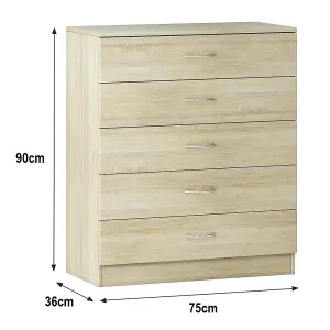 SunDaze Chest of Drawers Bedroom Furniture Bedside Cabinet with Handle 5 Drawer Oak 75x36x90cm