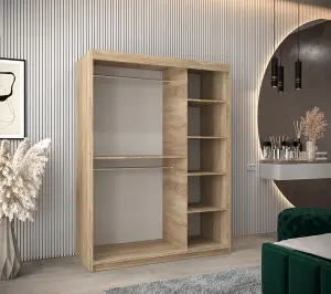 Roma II Oak Sonoma Spacious Sliding Door Wardrobe H2000mm W1500mm D620mm with Mirrored Panels and Silver Handles