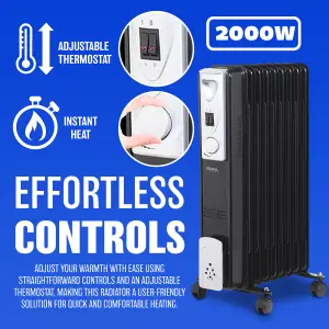 2000W 9 FIN Portable Oil Filled Radiator Heater Electrical Caravan Office Home (White)