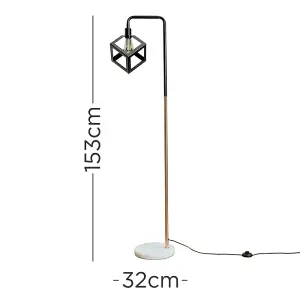 ValueLights Talisman Black/Copper Metal & White Marble Base Floor Lamp with Black Puzzle Cube Shade - with 4w LED Bulb