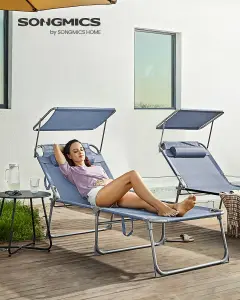 SONGMICS Sun Lounger, Folding , Large Reclining Sun Chair, 71 x 200 x 38 cm, Max. Load 150 kg, with Sunshade Headrest