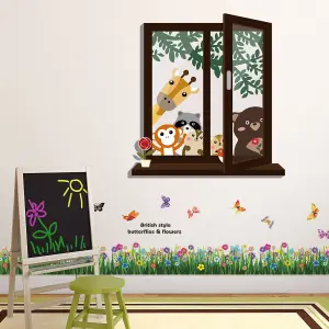 Colourful Window with Animals and Butterfly Grass 3D Butterflies Stock Clearance Wall Decor Art