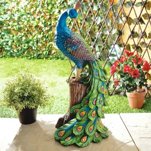 Solar Peacock Ornament - Weatherproof Polyresin Outdoor Garden Decoration with Red LED Lights - H48cm x W21cm x D18cm