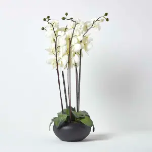 Homescapes Large Oriental Style Cream Orchids in Black Bowl