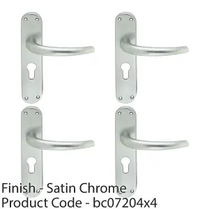 4 PACK - Rounded Sleek Latch & EURO Lock Door Handle - Satin Chrome Lever on Backplate