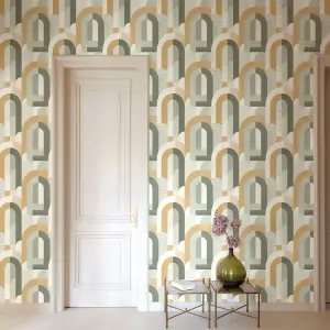 Grandeco Geometric  Arc Textured Wallpaper, Green