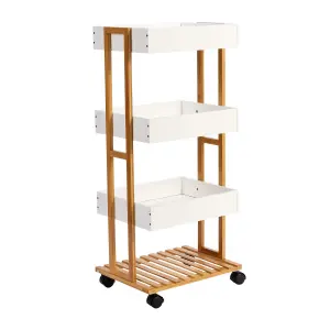 Home Source Oxford Bamboo 4 Tier White Utility Trolley Kitchen Bathroom Organiser Unit