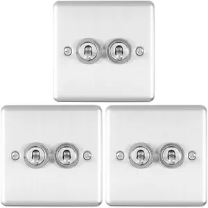 3 PACK 2 Gang Double Retro Toggle Light Switch SATIN STEEL 10A 2 Way Wall Plate