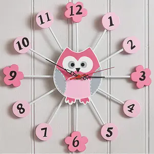 Pink Owl Wall Clock - Battery Powered Clock with Large Clear Numbers for Kids Girls Bedroom, Nursery or Playroom - 34cm Diameter