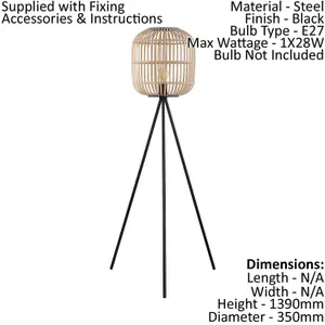 Tripod Floor Lamp Light Black & Wicker 1 x 28W E27 Bulb Tall Living Room