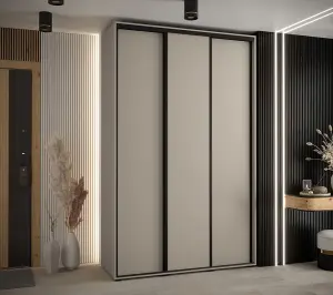 Dakota I Sleek Cashmere & Black Sliding Door Wardrobe 1500mm H2350mm D600mm - Three Doors, Two Hanging Rails and Six Shelves