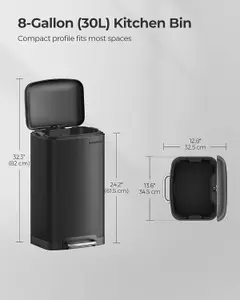 SONGMICS Trash Can, Rubbish Bin, Pedal Operated, with Airtight Lid and Inner Bucket, Soft Closing, Black