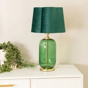 ValueLights Leigh Green Velvet Scallop Shade with Forest Green Glass and Gold Trim Table Lamp and LED Bulb