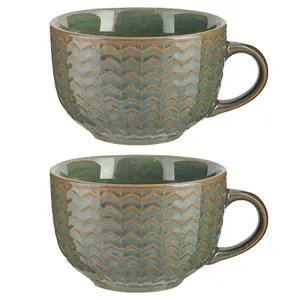 Set of 2 Dark Green Large Stoneware Cups Coffee Mugs